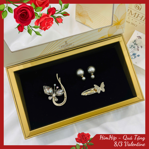 Set Quà 8/3 HimHip Khuyên Tai, Cài Áo & Kẹp Mái Kèm Túi Hộp Thiệp - 1168