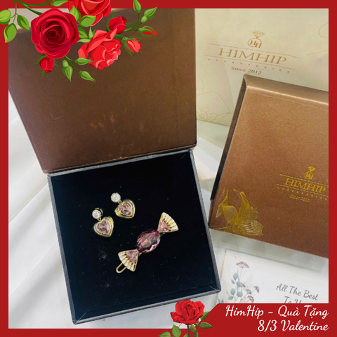 Set Quà Valentine 8/3 HimHip Khuyên Tai & Kẹp Mái Kèm Túi Hộp Thiệp - 268
