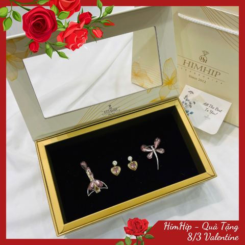 Set Quà Valentine 8/3 HimHip Khuyên Tai, Cài Áo & Kẹp Mái Kèm Túi Hộp Thiệp - 1175