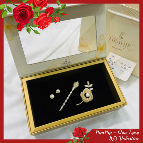 Set Quà 8/3 HimHip Khuyên Tai, Cài Áo & Kẹp Mái Kèm Túi Hộp Thiệp - 1174