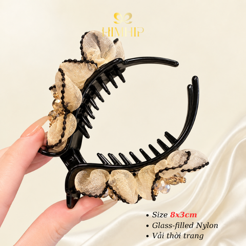 Kẹp Càng Cua HimHip Glass-filled Nylon Hoa Voan Viền Đen Gắn Nụ 3 Cánh 8x3cm