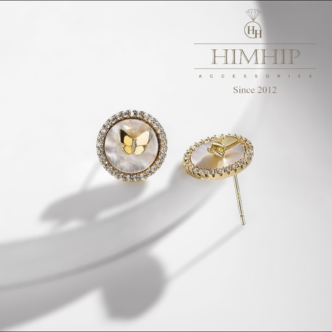 Khuyên Tai Nụ HimHip Mặt Tròn Cánh Bướm Vàng Sang Trọng HKCC Đính Phale, Khảm Trai 1*1cm Phụ Kiện Áo Dài