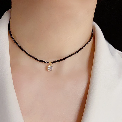 Vòng Cổ Choker Đá Đen Dây Đôi Mix Mặt Đá Phale Trắng