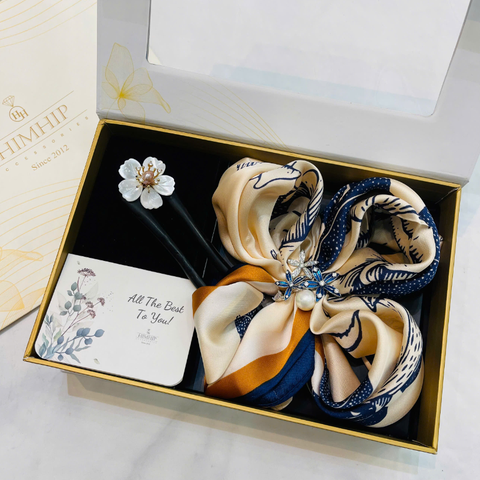 Set Quà HimHip Khăn Lụa Vuông 70x70cm & Cài Khăn, Trâm Cài Tóc Kèm Túi Hộp Thiệp - 640