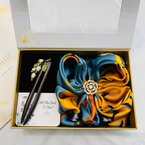 Set Quà HimHip Khăn Lụa Vuông 70x70cm & Cài Khăn, Trâm Cài Tóc Kèm Túi Hộp Thiệp - 642