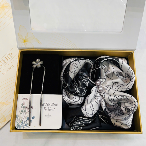 Set Quà HimHip Khăn Lụa Vuông 70x70cm & Cài Khăn, Trâm Cài Tóc Kèm Túi Hộp Thiệp - 643