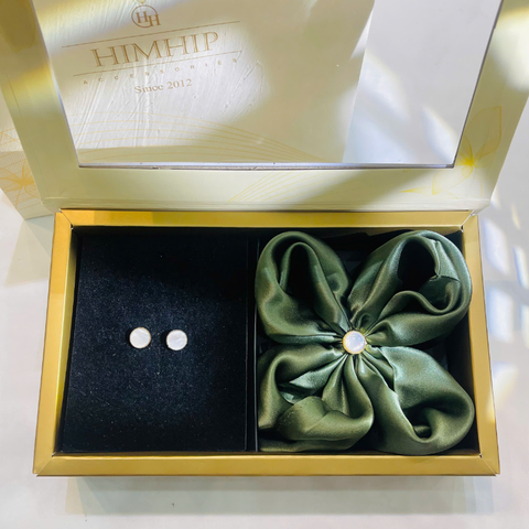 Set Quà HimHip Khăn Lụa Cao Cấp 53*53cm & Cài Khăn, Khuyên Tai Kèm Túi Hộp Thiệp - 890