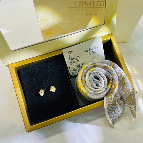 Set Quà HimHip Khăn Lụa Cao Cấp 53*53cm & Khuyên Tai Kèm Túi Hộp Thiệp - 961