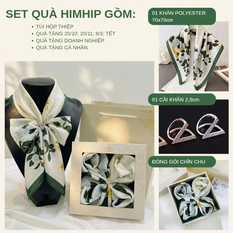 Set Quà 20/10 HimHip Khăn Lụa 70x70cm & Cài Khăn Kèm Túi Hộp Thiệp - 478