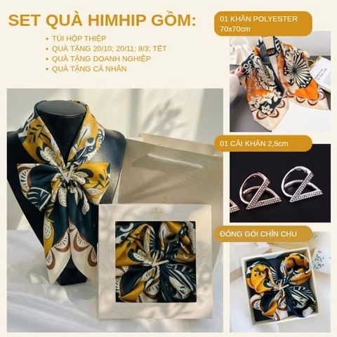 Set Quà 20/10 HimHip Khăn Lụa 70x70cm & Cài Khăn Kèm Túi Hộp Thiệp - 472