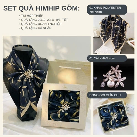 Set Quà 20/10 HimHip Khăn Lụa 70x70cm & Cài Khăn Kèm Túi Hộp Thiệp - 474