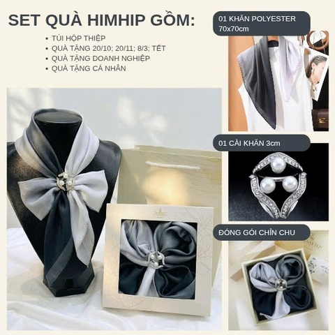Set Quà 20/10 HimHip Khăn Lụa 70x70cm & Cài Khăn Kèm Túi Hộp Thiệp - 481