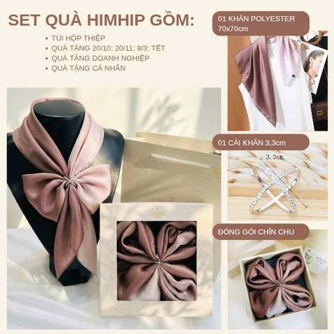 Set Quà 20/10 HimHip Khăn Lụa 70x70cm & Cài Khăn Kèm Túi Hộp Thiệp - 471