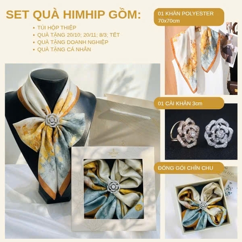Set Quà 20/10 HimHip Khăn Lụa 70x70cm & Cài Khăn Kèm Túi Hộp Thiệp - 476