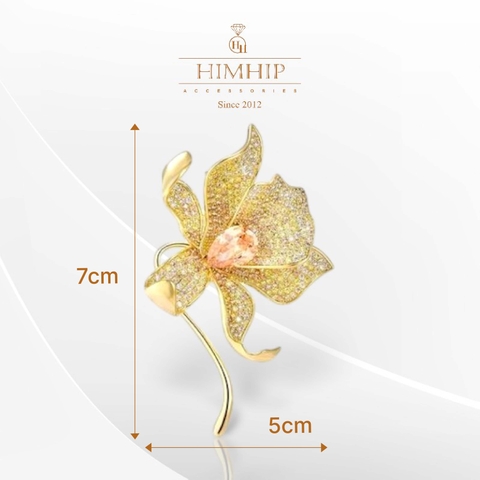 Trâm, Ghim Cài HimHip Hoa Lan Sang Trọng HKCC Đính Đá Sapphire Cam 5*7cm