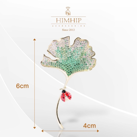 Trâm, Ghim Cài Áo HimHip Lá Bạch Quả & Bọ Đỏ Sang Trọng HKCC Đính Phale 4*6cm