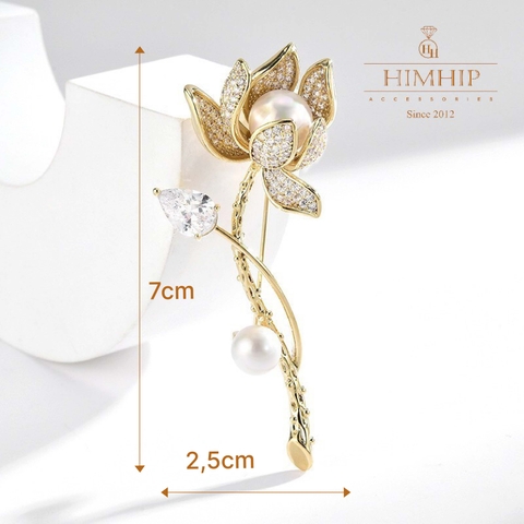 Trâm, Ghim Cài Áo HimHip Cành Hoa Sen Vàng Sang Trọng HKCC Đính Phale 2,5*7cm HPBD