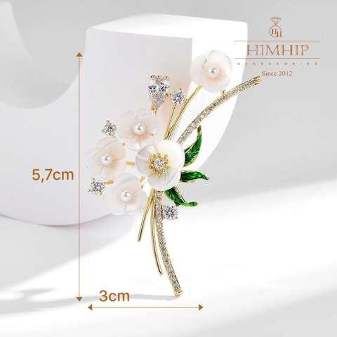 Trâm, Ghim Cài Áo HimHip Cành Hoa Mai Trắng Khảm Trai Thanh Lịch HKCC Đính Phale 5,7*3cm