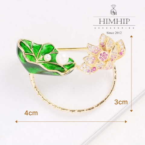 Trâm, Ghim Cài Áo HimHip Hoa Sen Mix Lá Sen Dịu Dàng HKCC Đính Phale 3*4cm