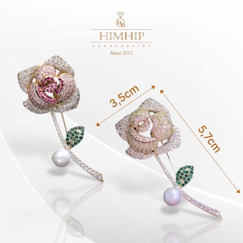 Trâm, Ghim Cài Áo HimHip Cành Hồng Sang Trọng HKCC Mix Trai 3,5*5,7cm