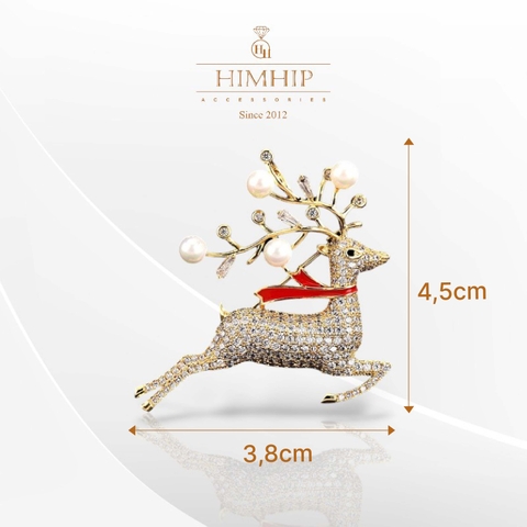 Trâm, Ghim Cài Áo HimHip Tuần Lộc Sừng Trai Sang Trọng HKCC Đính Phale 3,8*4,5cm
