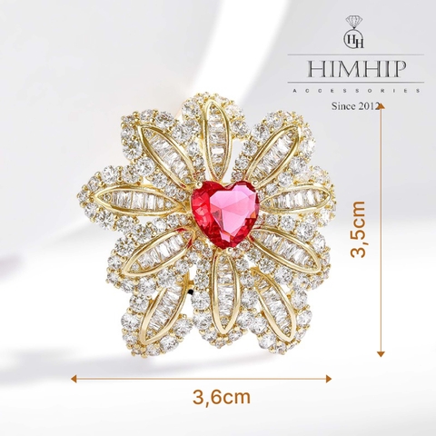 Trâm, Ghim Cài Áo HimHip Hoa Nhụy Đỏ Trái Tim Thanh Lịch Đính Phale 3,6*3,5cm