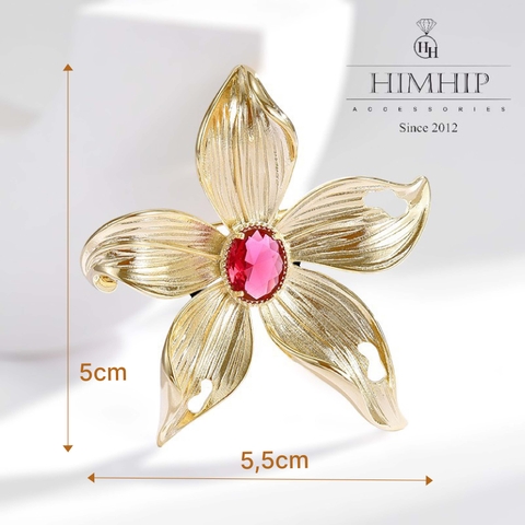 Trâm, Ghim Cài Áo HimHip Hoa Lan Nhụy Đỏ Sang Trọng HKCC Đính Phale 5*5,5cm