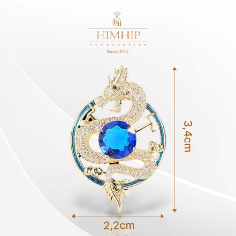 Trâm, Ghim Cài Áo HimHip Rồng Vòng Xanh Dương Sang Trọng HKCC Đính Phale 2,2*3,4cm