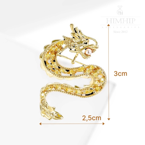 Trâm, Ghim Cài Áo HimHip Rồng Vàng Ngậm Trai Sang Trọng HKCC Đính Phale 3*2,5cm