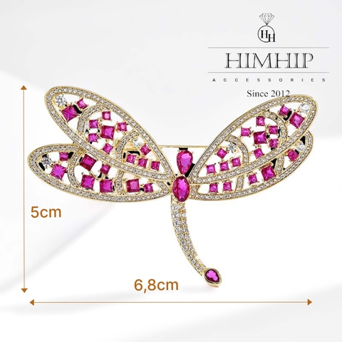 Trâm, Ghim Cài Áo HimHip Chuồn Chuồn Hồng Sang Trọng HKCC Đính Phale 5*6,8cm