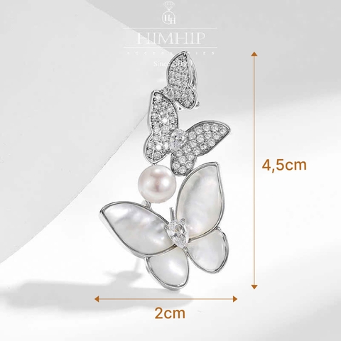 Trâm, Ghim Cài Áo HimHip Đôi Bướm Khảm Trai Sang Trọng HKCC Mix Trai Thật 2*4,5cm