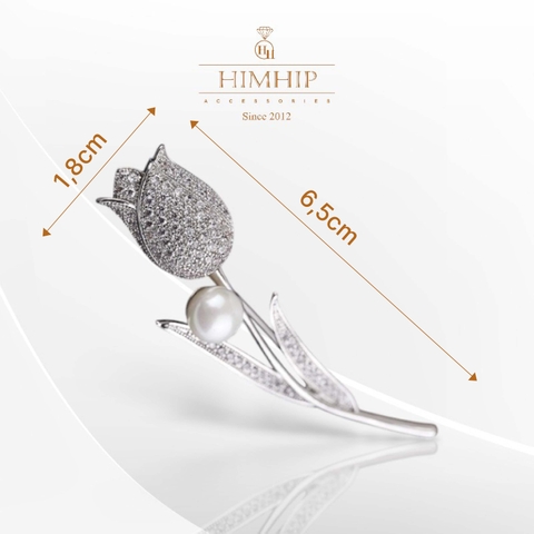 Trâm, Ghim Cài Áo HimHip Hoa Tulip Trắng Thanh Lịch HKCC Mix Trai 1,8*6,5cm