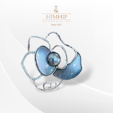 Trâm, Ghim Cài Áo HimHip Hoa Hồng Khảm Trai Sang Trọng HKCC Đính Hạt Giả Trai Xám 3.5x4cm