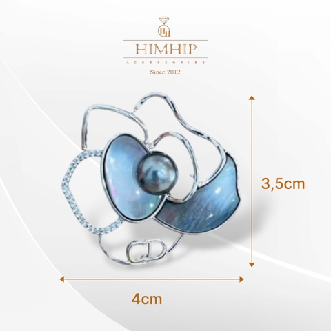 Trâm, Ghim Cài Áo HimHip Hoa Hồng Khảm Trai Sang Trọng HKCC Đính Hạt Giả Trai Xám 3.5x4cm