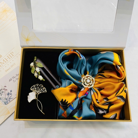 Set Quà HimHip Khăn Lụa Vuông 70x70cm & Cài Khăn, Cài Áo, Trâm Cài Tóc Kèm Túi Hộp Thiệp - 651