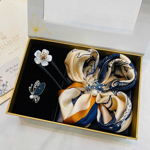 Set Quà HimHip Khăn Lụa Vuông 70x70cm & Cài Khăn, Cài Áo Trâm Cài Tóc Kèm Túi Hộp Thiệp - 649