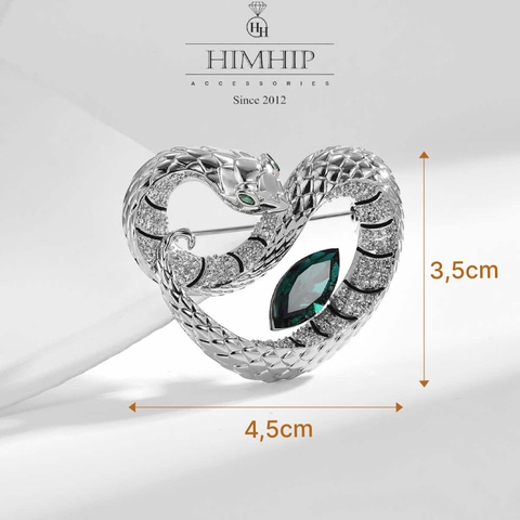 Trâm, Ghim Cài Áo Nam Nữ HimHip Rắn Trái Tim Sang Trọng HKCC Đính Phale Xanh 3,5*4,5cm