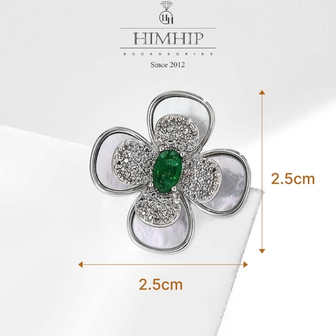 Trâm, Ghim Cài Áo Nhỏ HimHip Hoa Trà Khảm Trai Quý Phái HKCC Đính Phale Lục Bảo 2,5*2,5cm