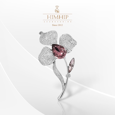 Trâm, Ghim Cài Áo HimHip Hoa Trắng Nhụy Tím Sang Trọng HKCC Đính Phale 4,3*7cm
