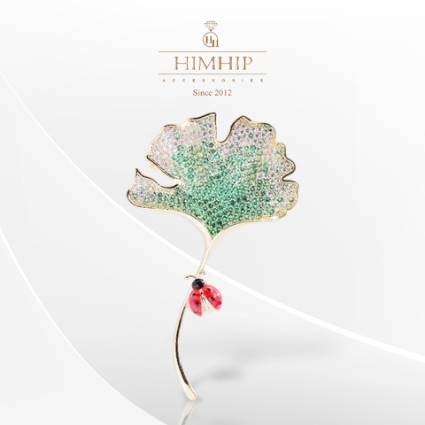 Trâm, Ghim Cài Áo HimHip Lá Bạch Quả & Bọ Đỏ Sang Trọng HKCC Đính Phale 4*6cm