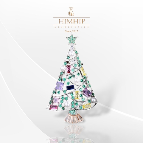 Trâm, Ghim Cài Áo Cây Thông Noel Sang Trọng HKCC Mix Đá Phale Lấp Lánh 3,8*4,5cm