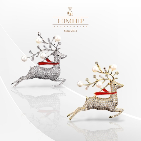 Trâm, Ghim Cài Áo HimHip Tuần Lộc Sừng Trai Sang Trọng HKCC Đính Phale 3,8*4,5cm