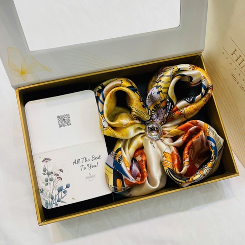 Set Quà HimHip Khăn Lụa Cao Cấp 65*65cm & Cài Khăn Kèm Túi Hộp Thiệp - 743