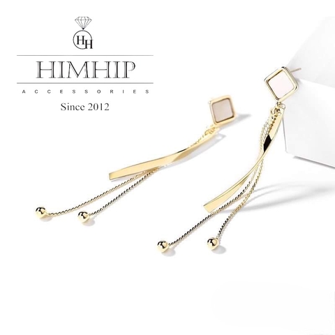 Khuyên Tai Dài HimHip Mặt Hình Thoi Phối Tua Rua Trẻ Trung HKCC 8cm
