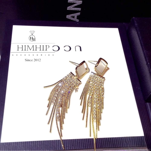 Khuyên Tai Hợp Kim Cao Cấp Mặt Đá Thoi Mix Dây Tua Rua 1.2*7.5cm