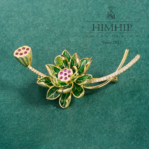 Trâm, Ghim Cài Áo HimHip Hoa Sen Xanh Sang Trọng HKCC Đính Phale 5*5cm