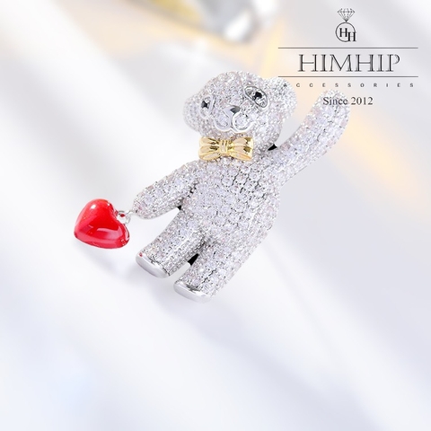 Trâm, Ghim Cài Áo HimHip Gấu Cầm Trái Tim Đáng Yêu HKCC Đính Phale 3cm