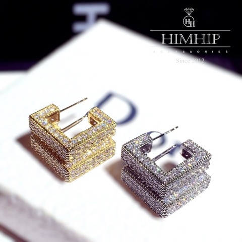 Khuyên Tai Ngắn HimHip Hình Vuông Sang Trọng HKCC Đính Phale 1.5x2.3cm