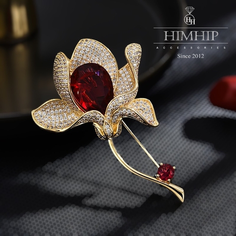 Trâm, Ghim Cài Áo HimHip Hoa Đỏ Sang Trọng HKCC Đính Phale 4*6cm