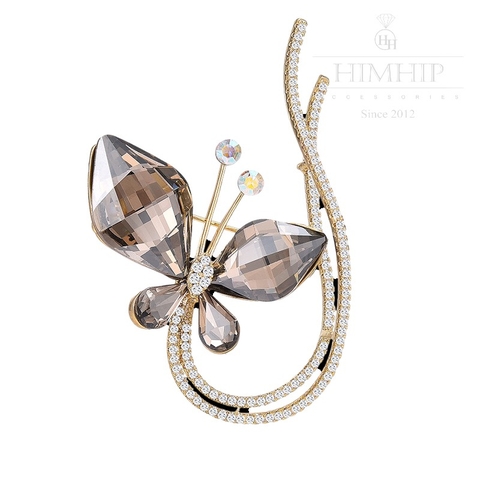 Trâm, Ghim Cài Áo HimHip Bướm Xám Sang Trọng HKCC Đính Phale 4*6cm